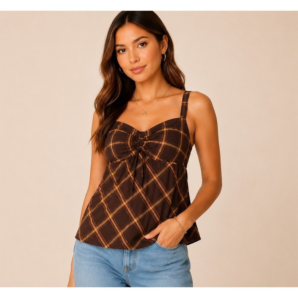 michael kors brown plaid sleeveless top Drawstring Front, Empire Waist L